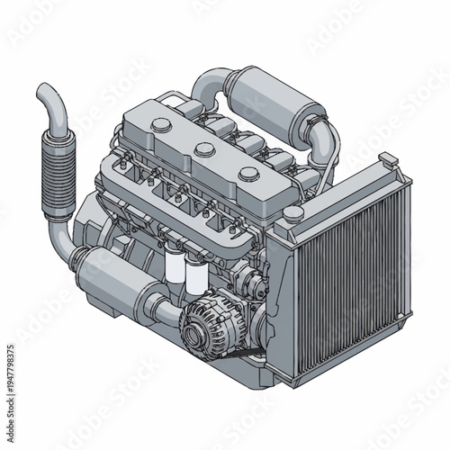 Isometric view of a generic internal combustion engine with radiator.