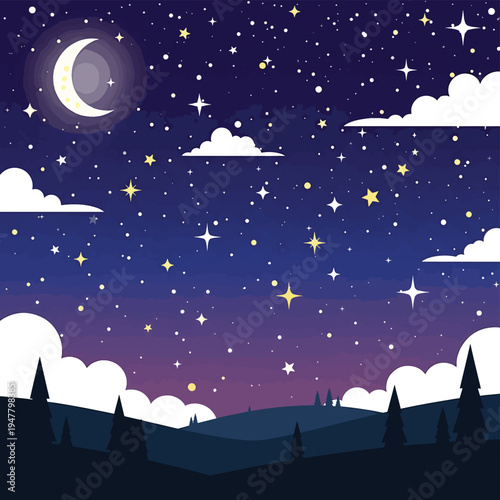 Crescent Moon and Stars Night Sky 2.