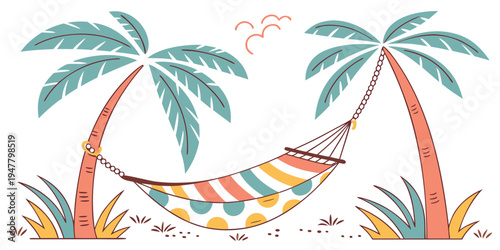 A hammock hanging between two palm trees on a beach Vector