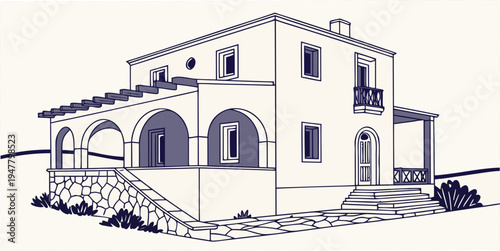 A large house with a staircase and arches Vector