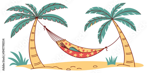 A hammock between two palm trees on a sandy beach Vector