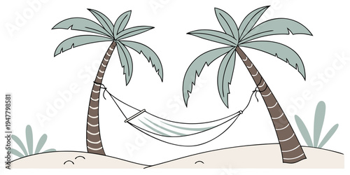 A hammock between two palm trees on a beach Vector