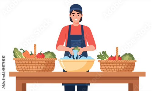 Worker Washing Fresh Vegetables in Bowl
