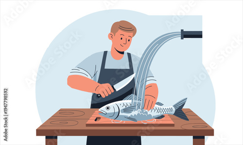 Worker Cleaning Fresh Fish Under Running Water