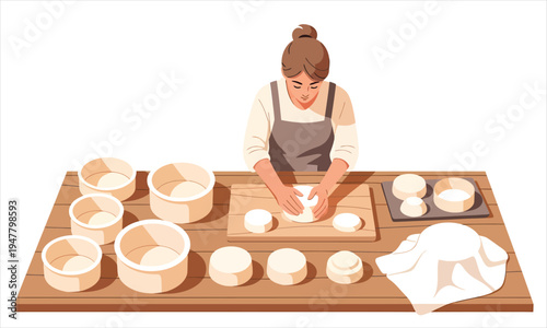 Woman Making Cheese on a Wooden Table