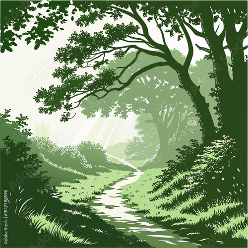 A serene forest path with trees and greenery Vector