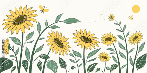 A group of sunflowers with green leaves and yellow petals Vector