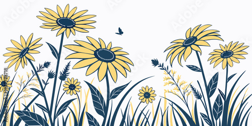 A group of yellow flowers with blue accents Vector