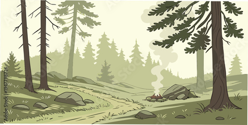 A forest scene with trees and a dirt path Vector