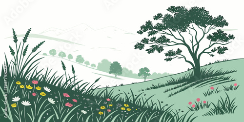 A tree on a hill with flowers and grass Vector