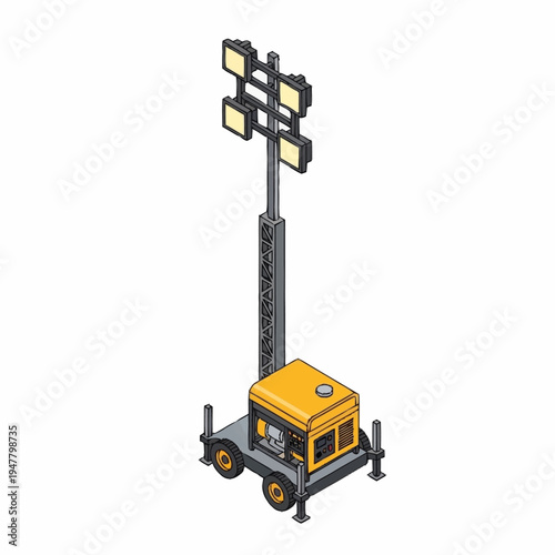 Isometric illustration of a portable light tower with a generator and four lights.