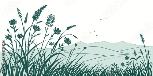 A green illustration of grass and flowers on a hillside Vector