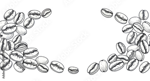 Hand-drawn coffee beans scattered on white background, sketch style, top view