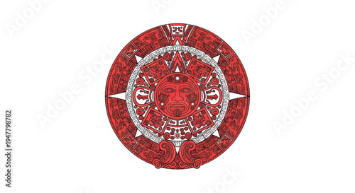 Ancient Aztec Sun Stone Calendar Symbol, Red and White Intricate Design