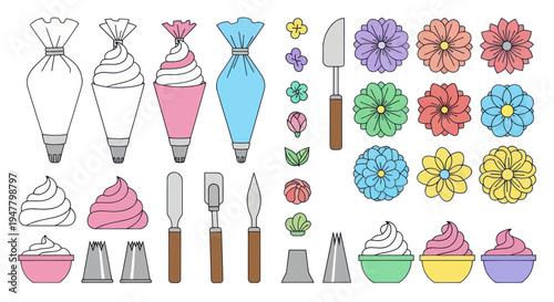 Baking Tools and Decorations: Piping Bags, Icing, Flowers, Spatulas
