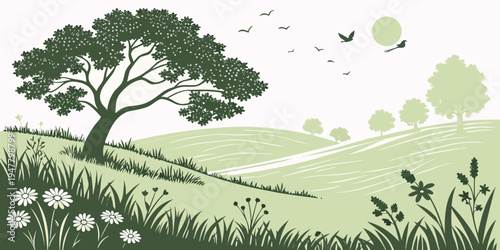 A tree on a grassy hill with dandelions and birds flying overhead Vector