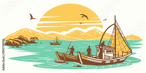 A boat sails on the ocean during sunset Vector