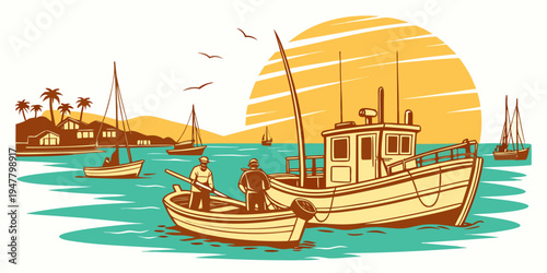 Boats are sailing on the water near a city Vector