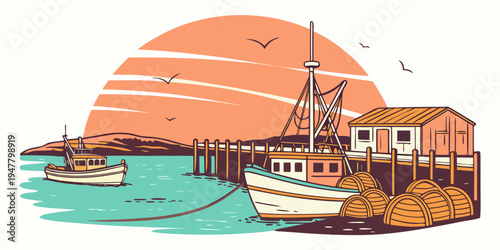 A boat is docked at a pier during sunset Vector