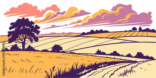 A serene landscape with a tree in a field Vector