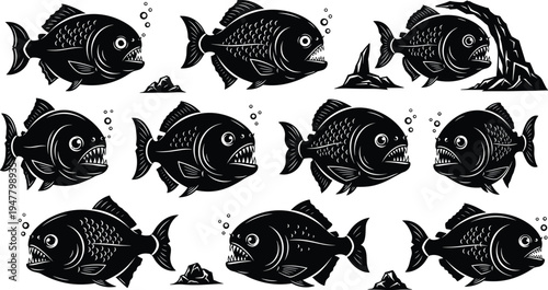 Piranha Fish Silhouette Icon Set with Detailed Teeth and Underwater Poses, Vector Illustrations for Aquatic, Nature, and Wildlife Themes
