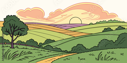 A serene landscape with a tree on a green hill at sunset Vector