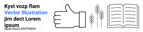 Agriculture, education, approval, knowledge sharing, farming, learning. Outlined thumbs up, wheat stalks and open book. Agriculture and education concepts clearly