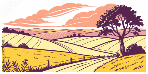 A tree stands alone in a rural landscape Vector