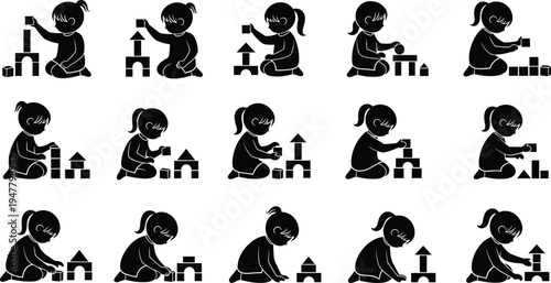 Girl Playing with Building Blocks Silhouette Icon Set, Vector Illustrations for Childhood, Learning, and Educational Themes
