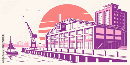 A purple illustration of a city waterfront at sunset Vector