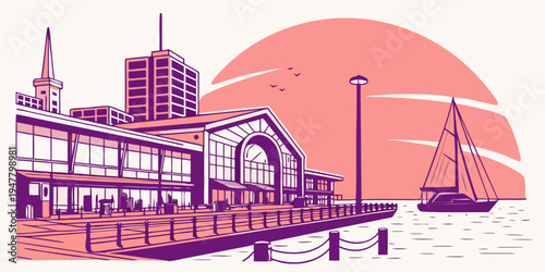 A purple and orange illustration of a city waterfront at sunset Vector