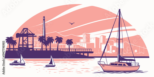 Sailboats floating on calm water near a city skyline Vector