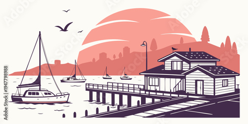 A sailboat and a pier by the sea at sunset Vector