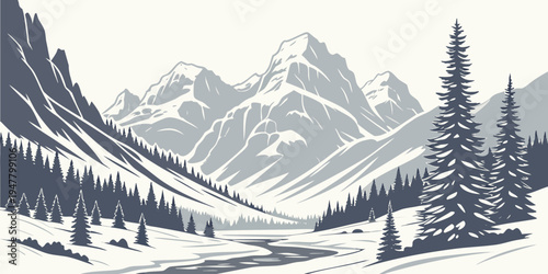 A snowy mountain landscape with trees and mountains Vector