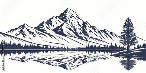 A serene mountain landscape with a tree by a lake Vector