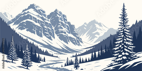 Snowy mountain range with pine trees in the foreground Vector