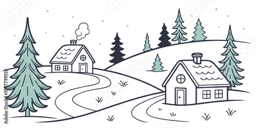 A snowy landscape with two houses and trees Vector