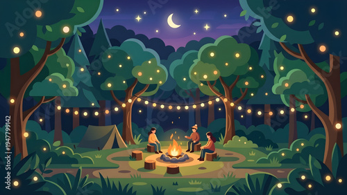Magical Night Forest Clearing Geometric Nature Vector Illustration with Glowing Bokeh Fireflies