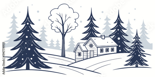 A house in a snowy landscape with pine trees Vector