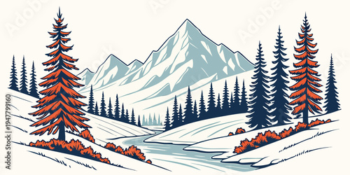 A snowy mountain landscape with pine trees Vector