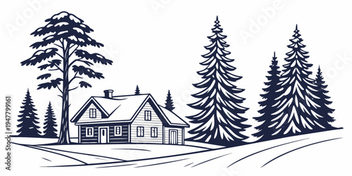 A house with snow covered trees in the background Vector