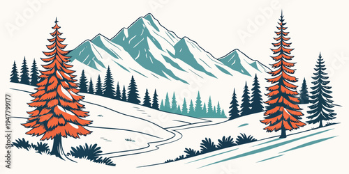 A snowy mountain landscape with evergreen trees Vector