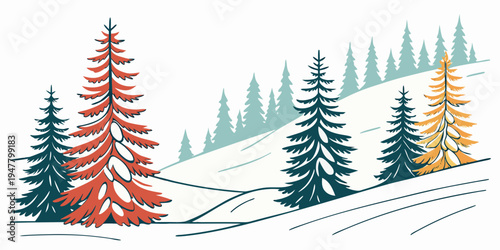 Evergreen trees on a snowy hill in the mountains Vector