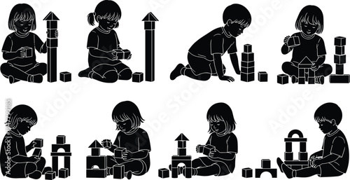 Children Playing with Building Blocks Silhouette Icon Set, Vector Illustrations for Learning, Childhood, and Educational Themes