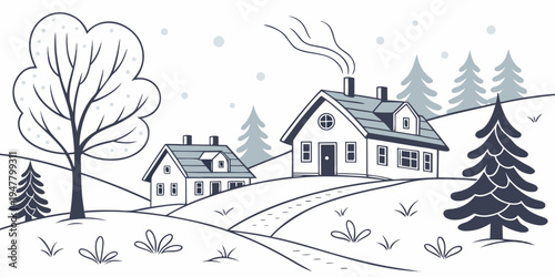 A house on a snowy hill with trees and a smaller building Vector