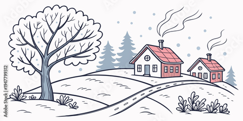 A snowy landscape with a house and a tree Vector