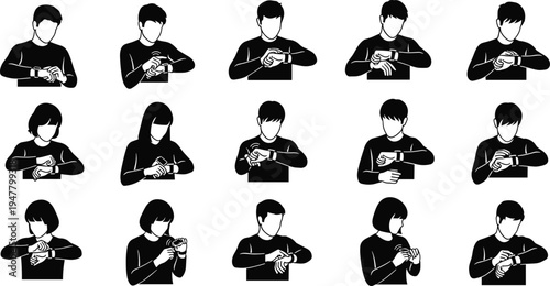 Man and Woman Adjusting and Checking Watch Icon Set for Time Management, Fashion, and Lifestyle Design