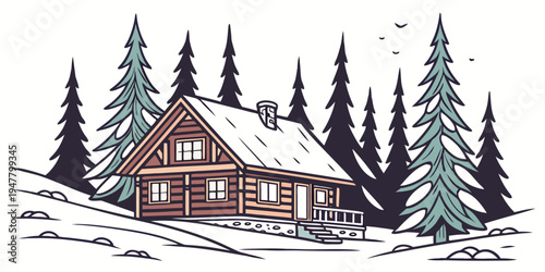 A brown wooden house on a snowy hill with pine trees Vector