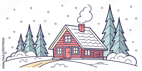 A small red house in a snowy landscape with pine trees Vector