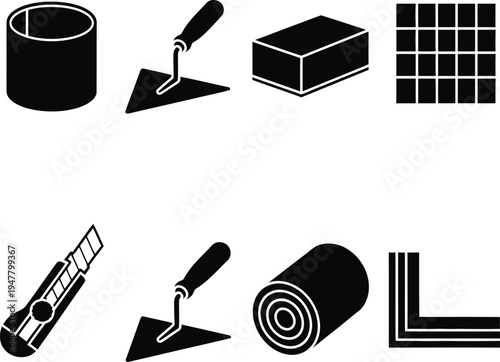Black and white of construction and tiling tools and trowel brick